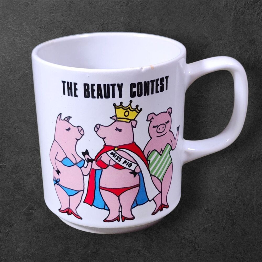 Vintage Japan Pig Mug “The Beauty Contest” Funny Farmhouse Coffee Cup 3.5"